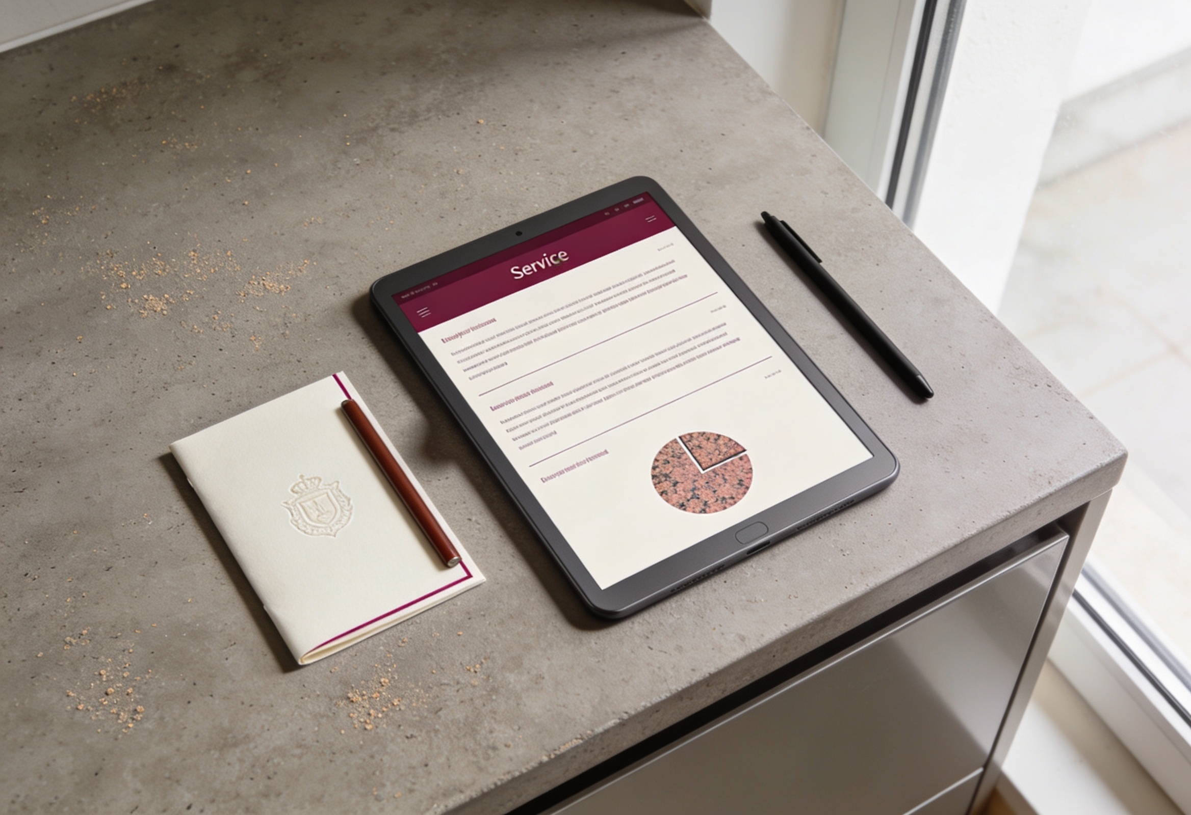 Beton tezgah üzerinde dijital servis raporu gösteren tablet ve siyah kalem